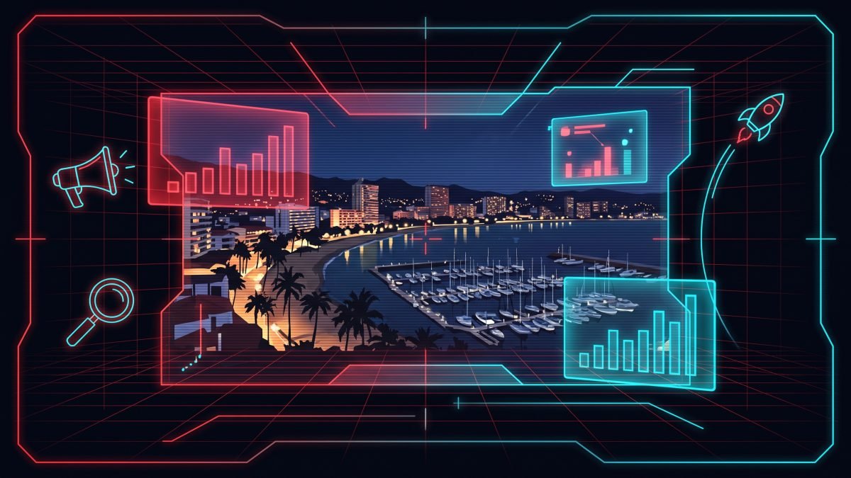 Bahía de Puerto Vallarta de noche vista a través de una interfaz holográfica con gráficas de crecimiento, íconos de megáfono, lupa y cohete