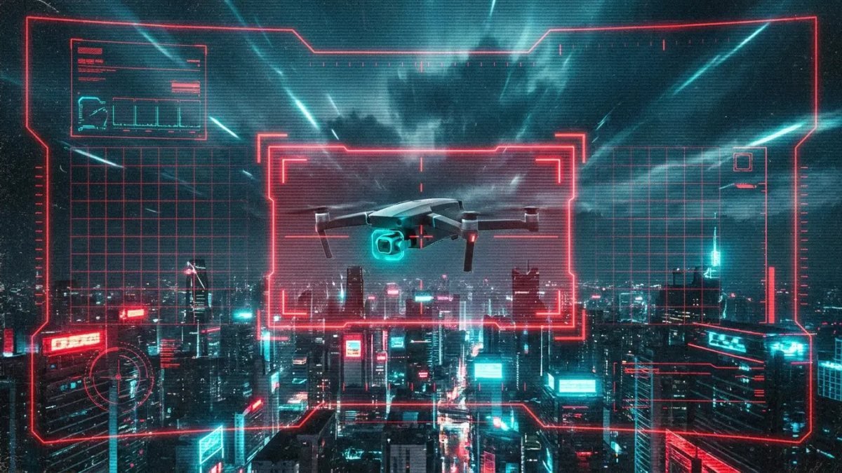 Dron sobrevolando una ciudad neón de noche con retícula HUD roja, captura aérea cinematográfica